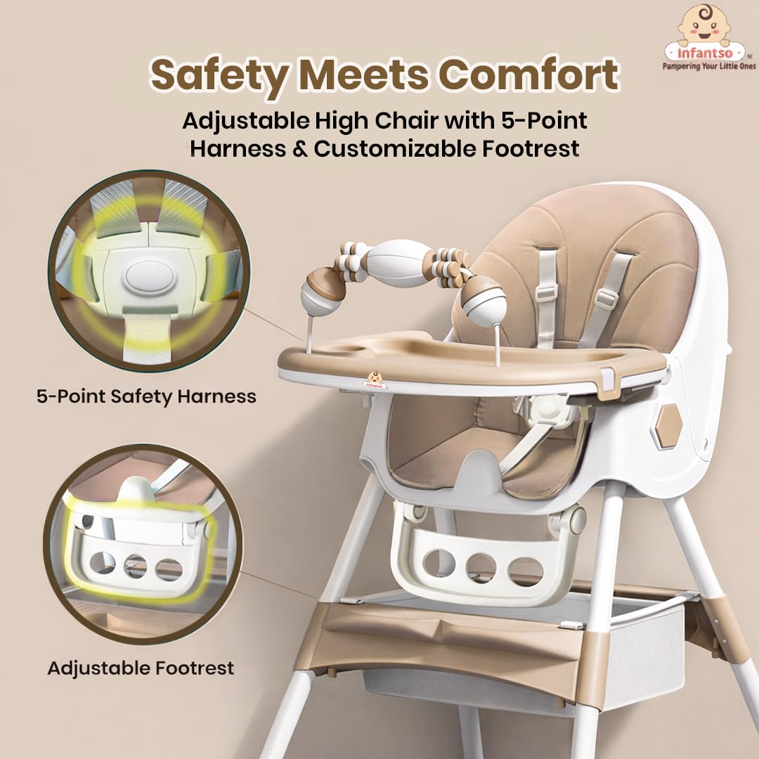 Infantso Feed-X (5-in-1) Baby High Chair/Baby Feeding Chair with Foot Support for 0 to 5 Years Baby, High/Feeding Chair Foldable, Height Adjustable, Safety Harness, Wheels, Cushion, Portable Chair 4
