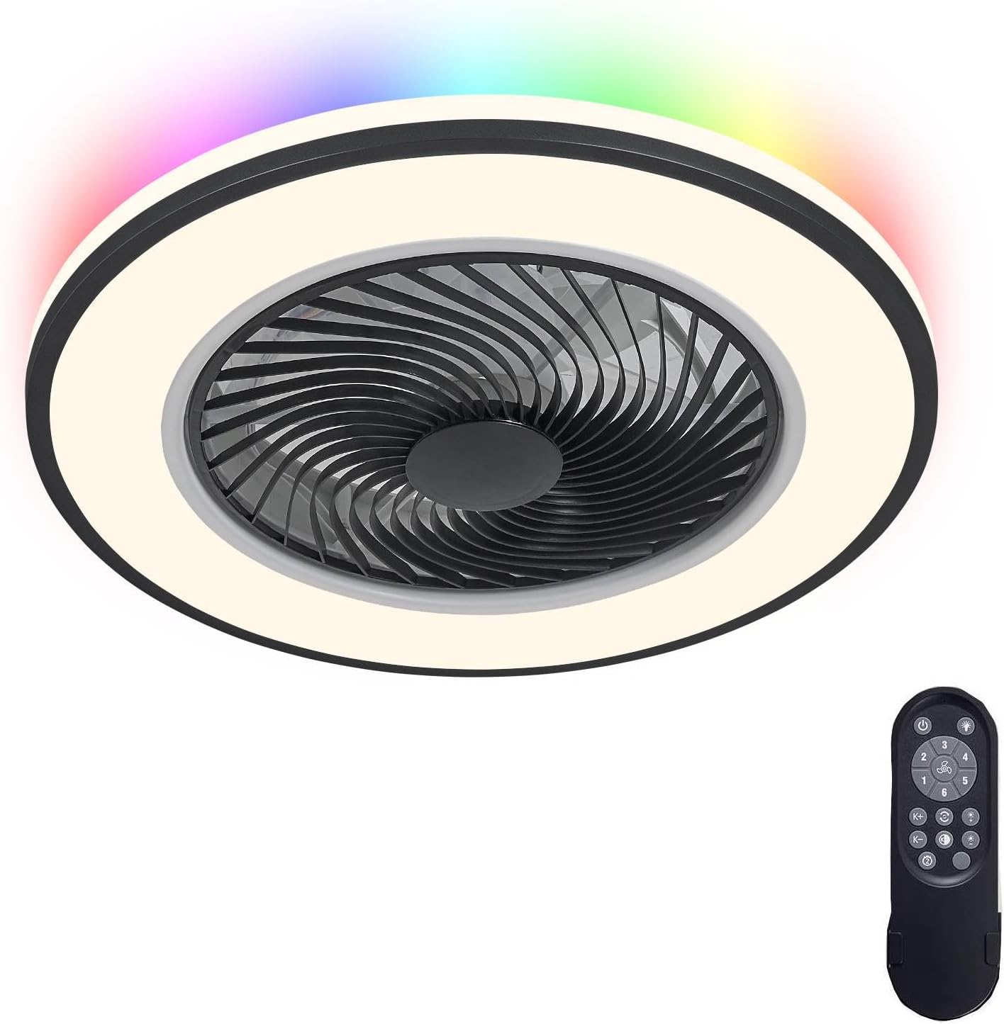 20'' Ceiling Fans with Lights, Low Profile Ceiling Fan with Light and Remote, Flush Mount Ceiling Fan with 6-Speed Reversible for Bedroom Living Room Kitchen Back RGB+Black