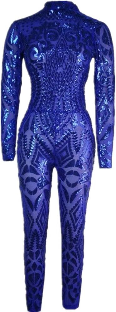 VIVOSKY Women Sequin Jumpsuits Geometric Tattoo Bodycon Club Rompers Bodysuit