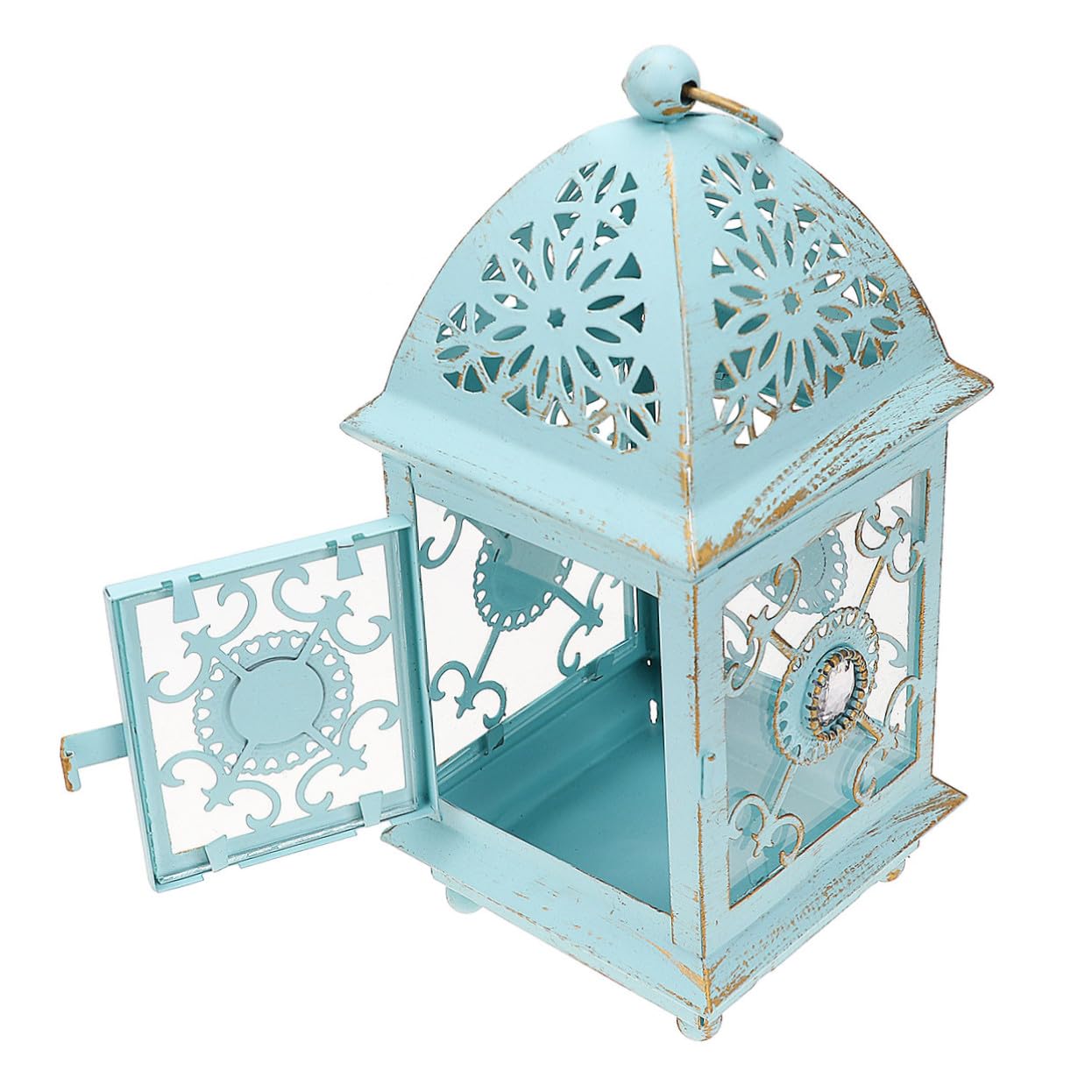 Linterna Portavelas de Hierro Azul Rústica y Portátil para Decoración de Mesa y Entrada en Bodas y Eventos Obsequios
