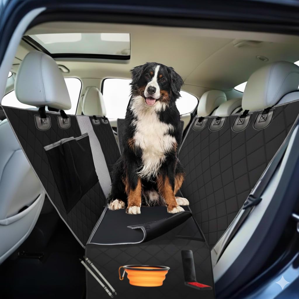 Pack Funda Cubre Asientos Coche Perro EXTRA Protección + Bebedero + Quitapelos + 2 Cinturones Seguridad, Funda Perro Coche Asientos Traseros, Protector coche perro,Doble Protección perro coche