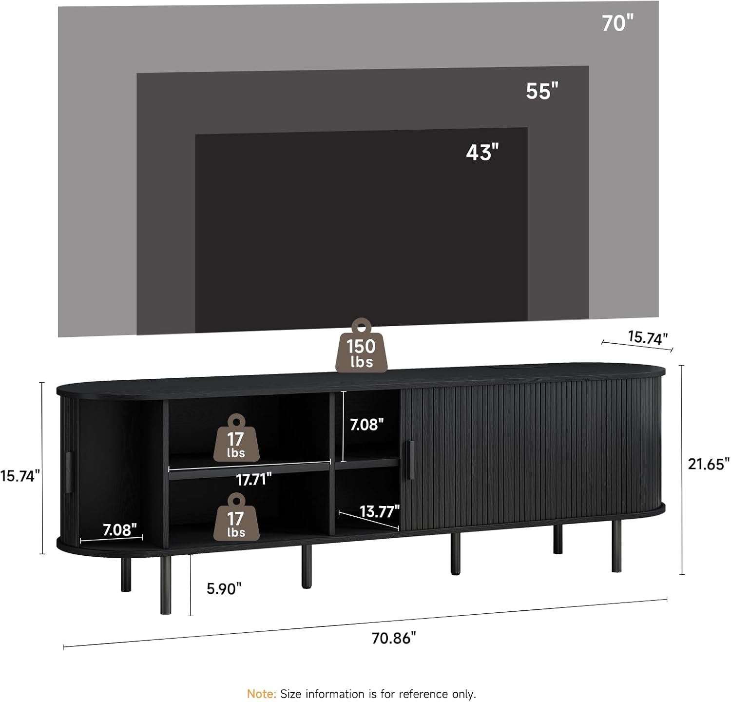 70.8" TV Stand with Power Outlet, Mid-Century Modern Television Stand, Fluted Media Console with Sliding Doors, Entertainment Center for TVs up to 60 Inch, Adjustable Shelves, Black