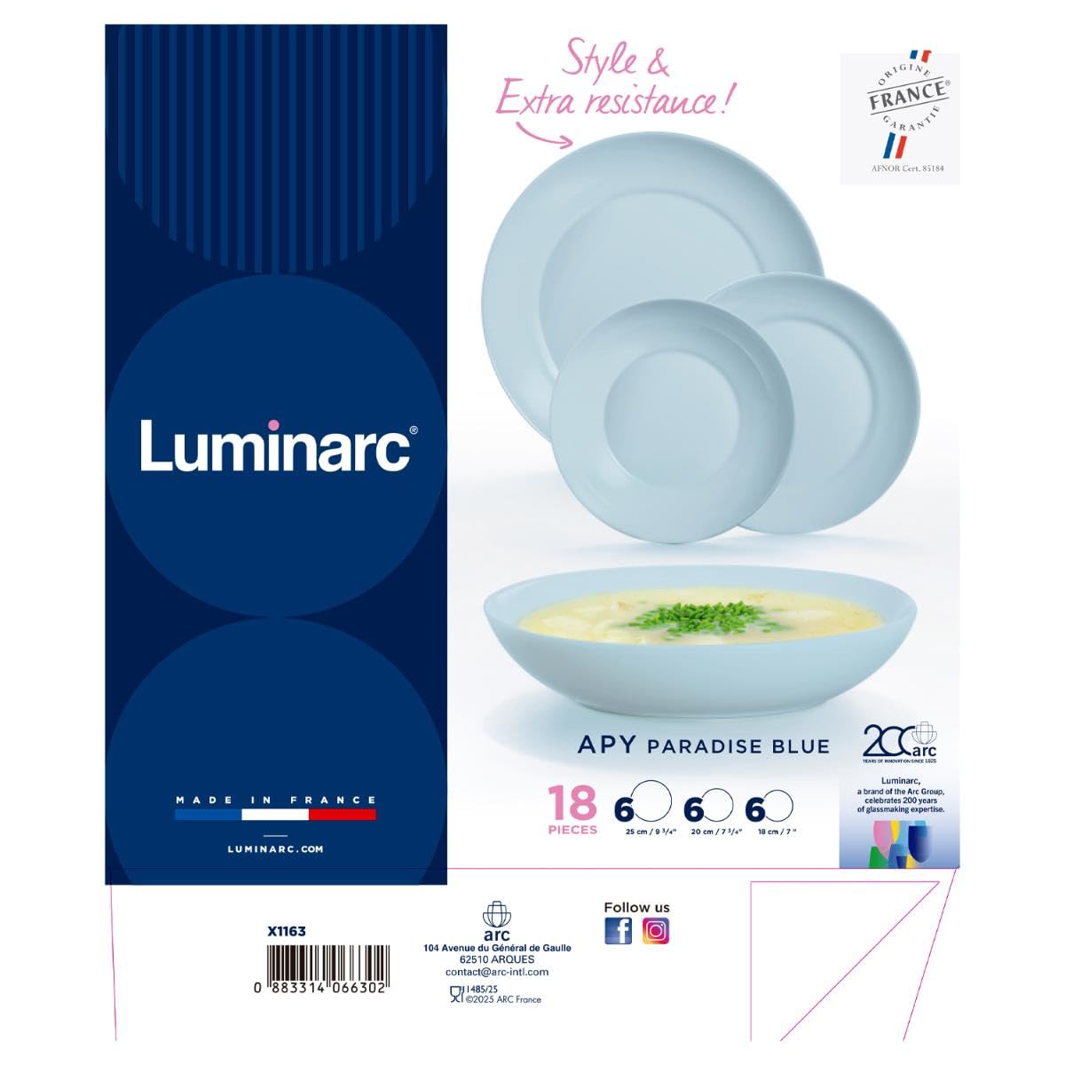 Luminarc Apy Paradise Vaisselle Opale 18 pièces 6 personnes Opale Passe au micro-ondes Passe au réfrigérateur empilable Bleu