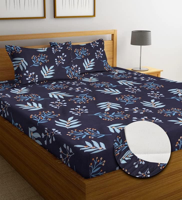 Image of NHD HOME Premium Cotton Elastic Fitted Bedsheets with 2 King Size Pillow Covers | Double Bed with All Around Elastic 220 TC Supersoft | Size - 72 King Sizex78+10 inches | Floral, Black