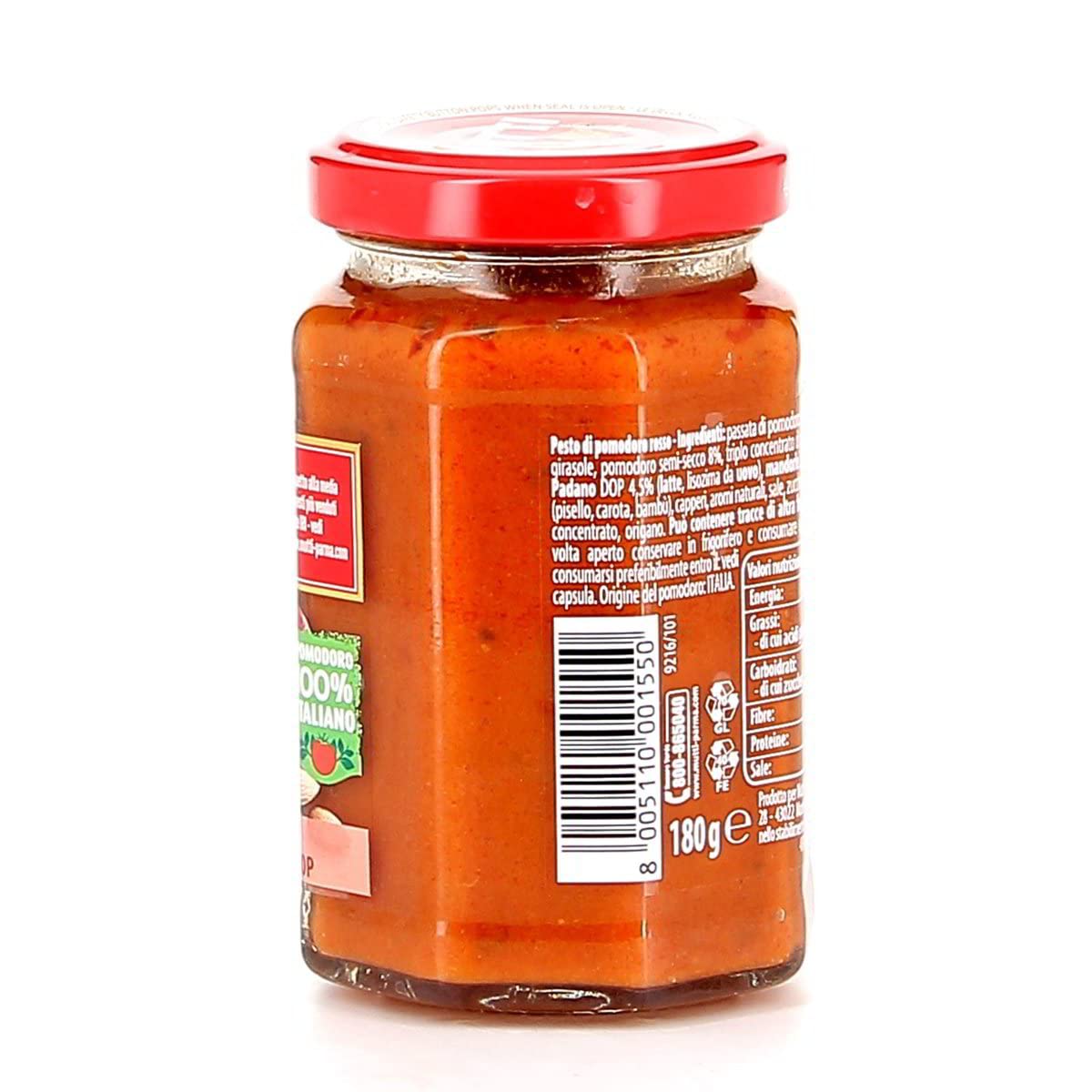 24 x Mutti Pesto Rosso Pomodori Rossi Pesto de tomate rojo Pasta Salsa 100% Tomate Italiano Vaso 180 g Salsas de especias con almendras, tomates, semillas secas y Grana Padano