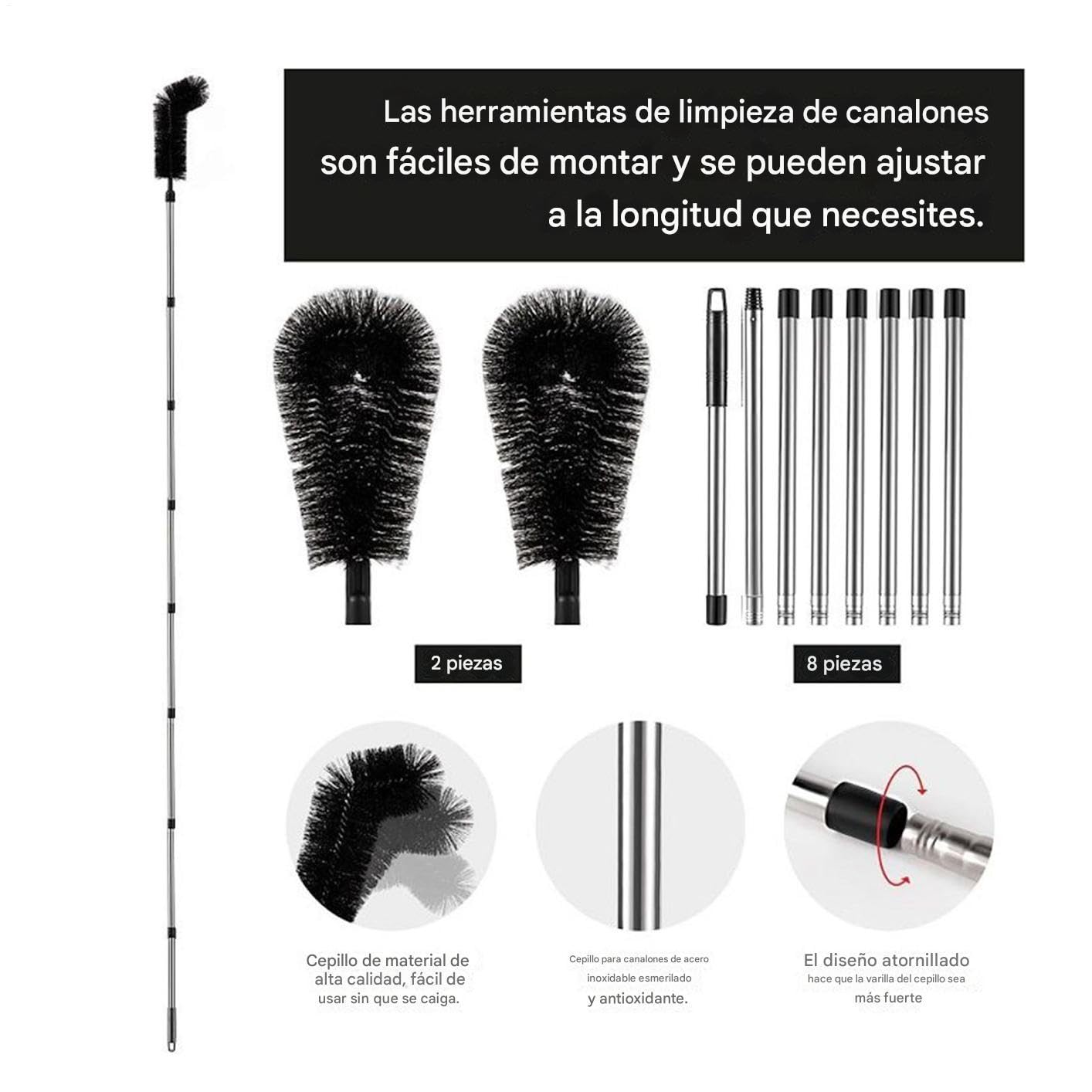Herramienta de Limpieza de Canalones - Cepillo De Limpieza De Tejados con Mango Telescópico - Mango Limpiador De 3.2 Metros para Mantenimiento De Tejados Y Eliminación De Residuos De Jardín