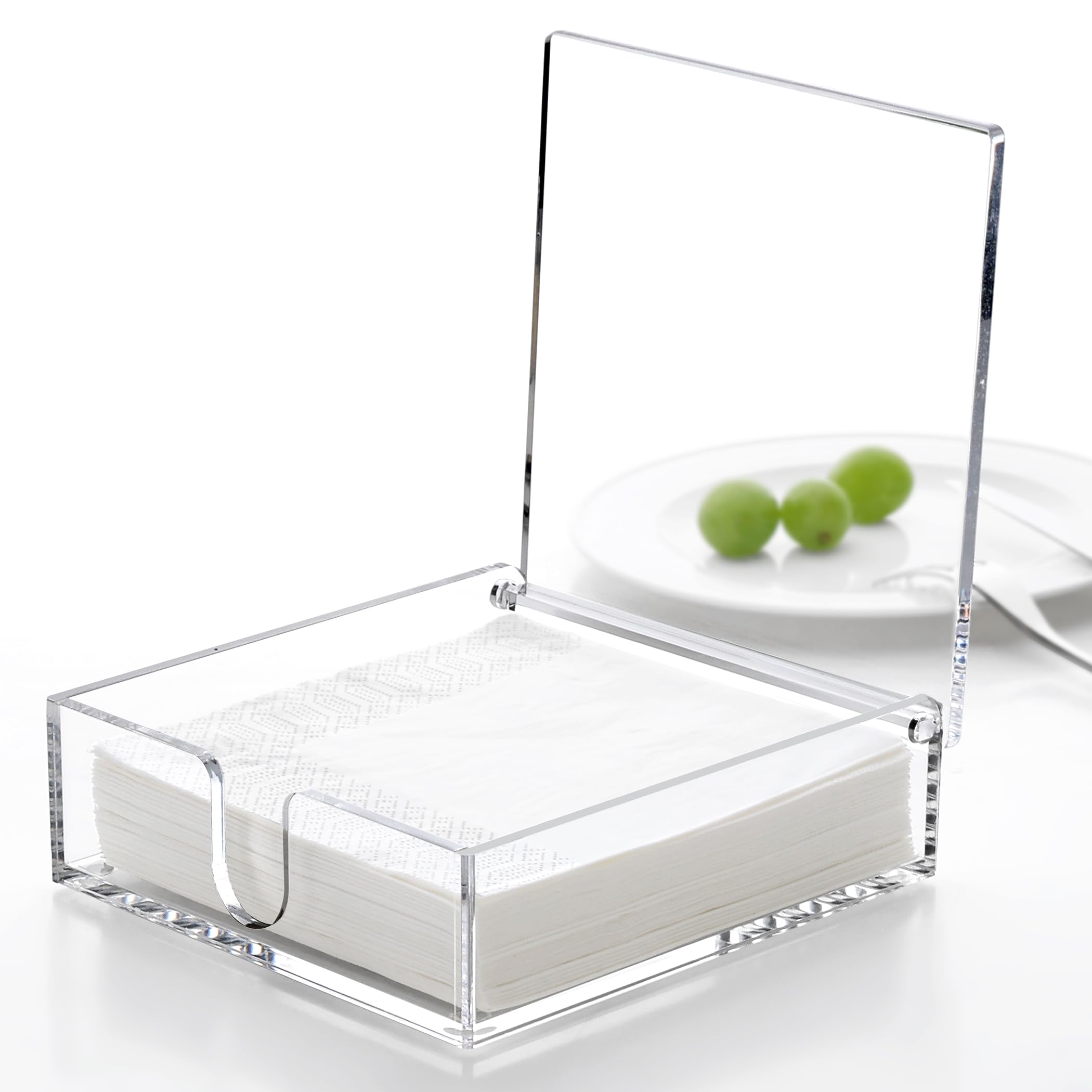 DINGHUO Servilletero de acrílico, dispensador plano de servilletas de almuerzo con tapa, organizador de servilletas de papel impermeable con tapa abatible transparente para mesa, cocina, interior y