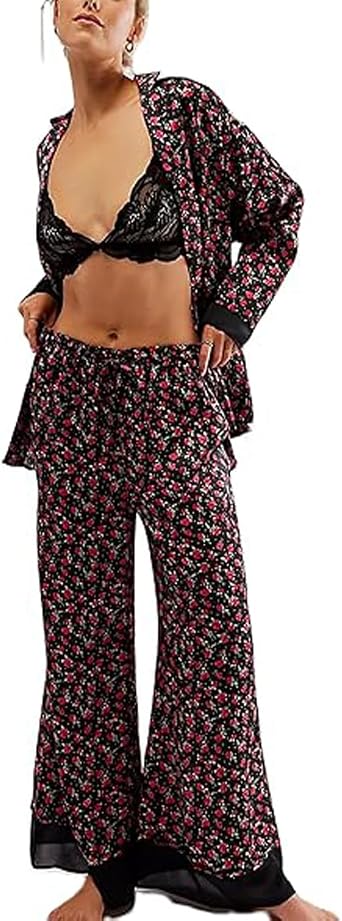 Women 2 Piece Floral Pajamas Sets Long Sleeve Button Down Shirt Wide Leg Palazzo Pants Y2K Loungewear Sleepwear Pjs