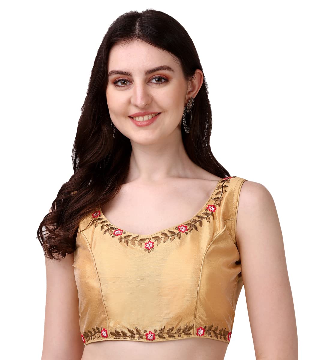 Pujia Mills Women's Silk Embroidery Sleeveless Readymade Blouse (Gk 51 Golden_Golden_38)