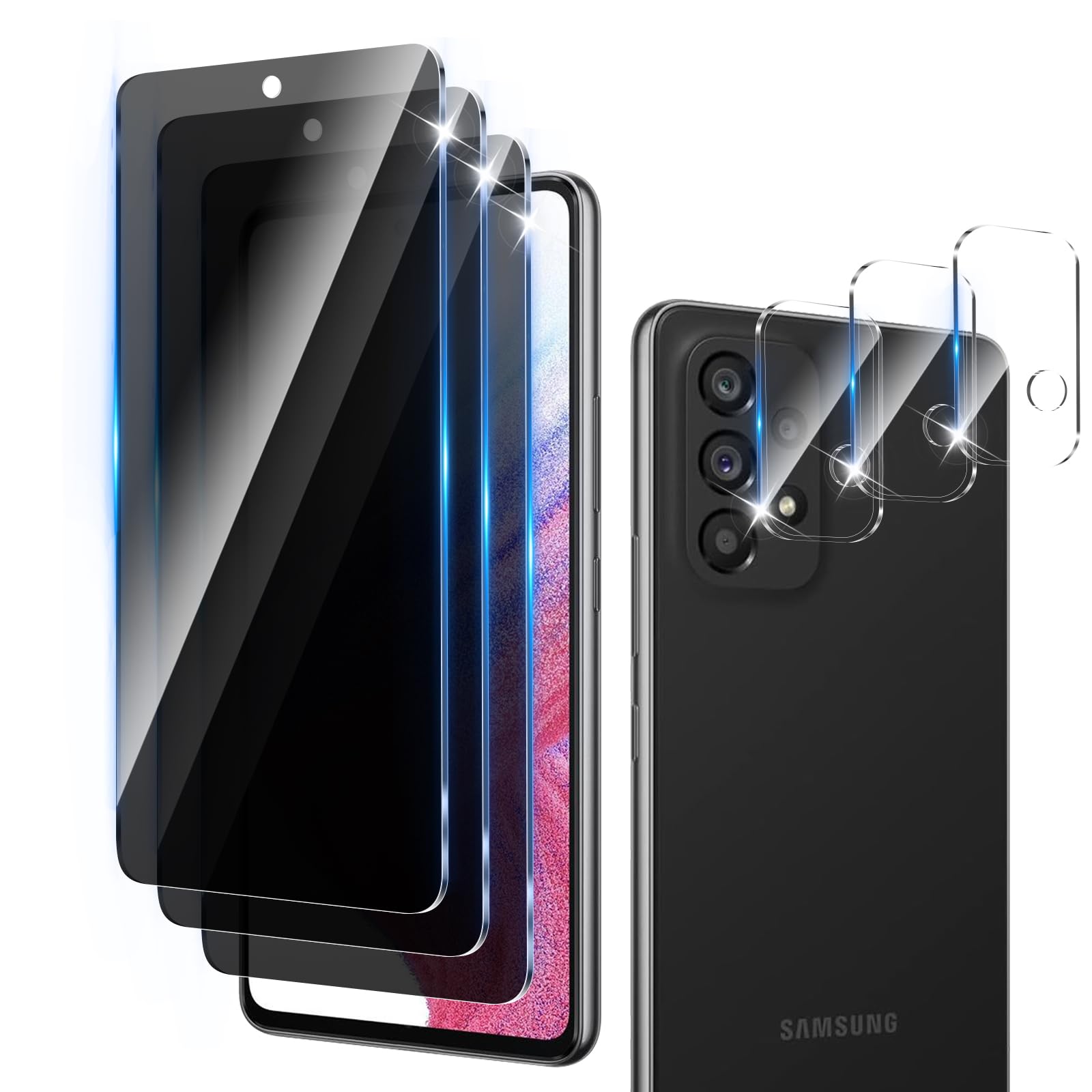 LZAYN 3+3 Pack Privacy Screen Protector Designed for Samsung Galaxy A53 With 3 Pack Camera Lens Protector,Full Coverage Anti-Spy Tempered Glass Film,