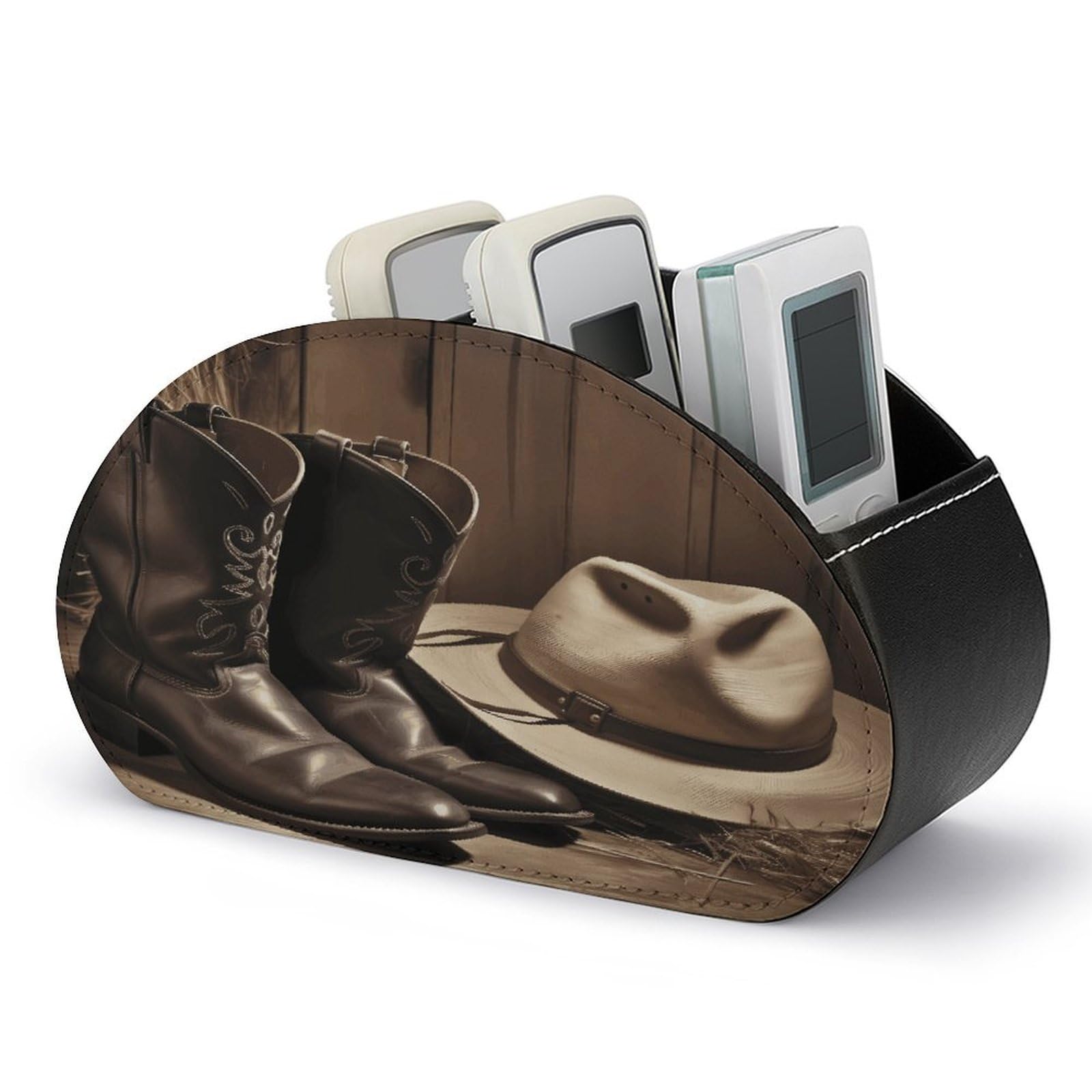VstaDank Cowboy Black Hat Western Boots Remote Control Holder with 5 Compartments Pu Leather TV Remote Caddy Storage Box Desktop Organizer Store Controller DVD Brush Pens Glasses&Office Supplies