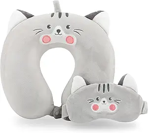 Travel Pillow, Kids Travel Pillow with Sleep Eye Mask Soft Memory Foam Kids Neck Pillow for Boys & Girls, Travel Accessories for Car Airplane Traveling - Grey Cat