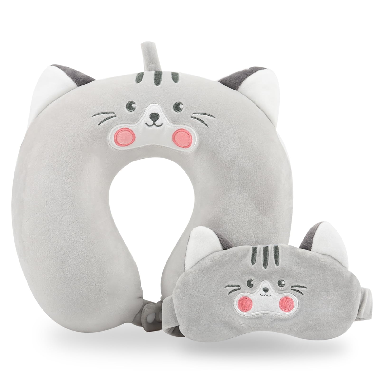 Travel Pillow, Kids Travel Pillow with Sleep Eye Mask Soft Memory Foam Kids Neck Pillow for Boys &amp; Girls, Travel Accessories for Car Airplane Traveling - Grey Cat