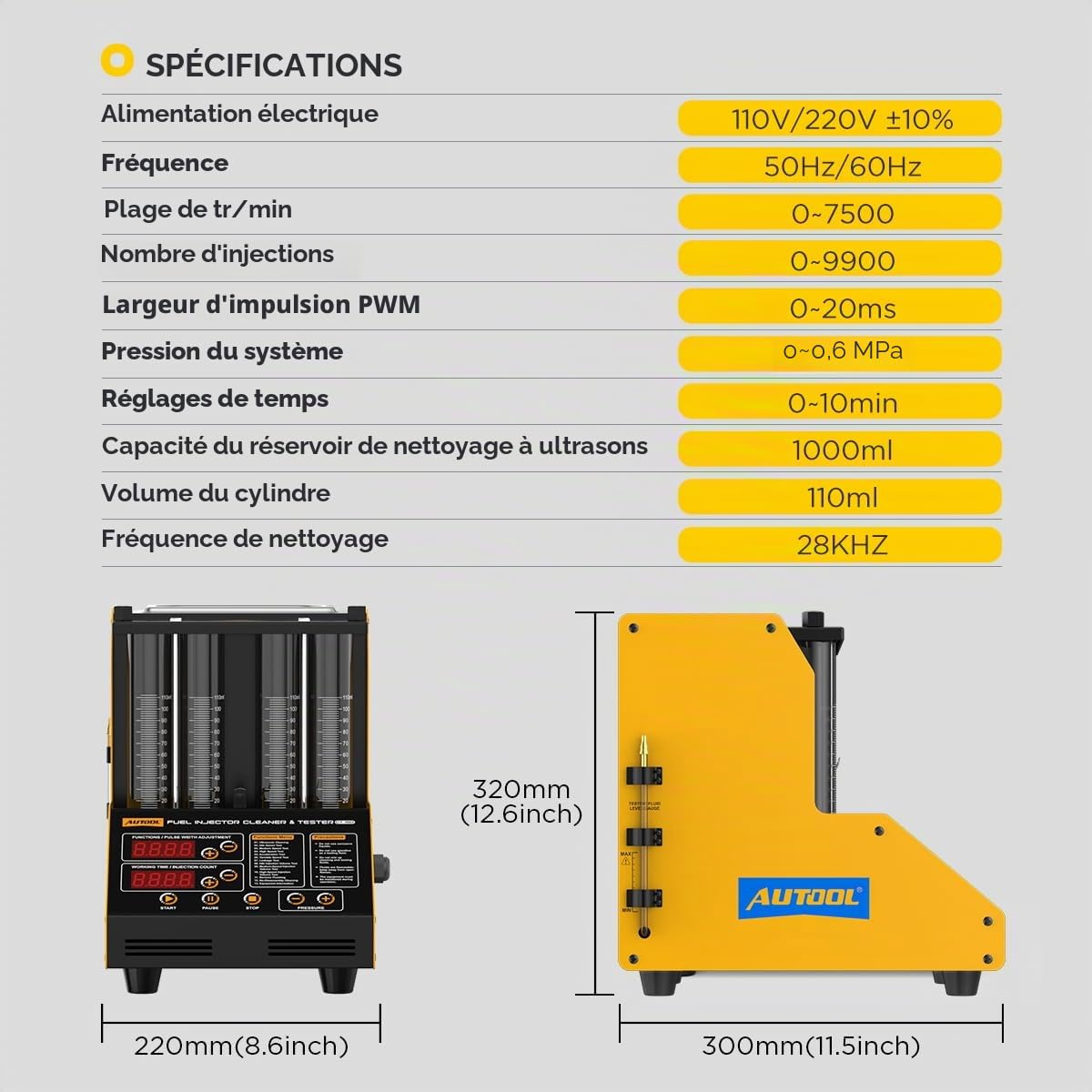 AUTOOL CT150 Machine de Nettoyage d'injecteur à Ultrasons de Voiture 220V, Nettoyeur Testeur Détecteur d'injecteur de Carburant Diesel Essence Moteur avec 4 Cylindres pour Automobile Moto (EU Plug)