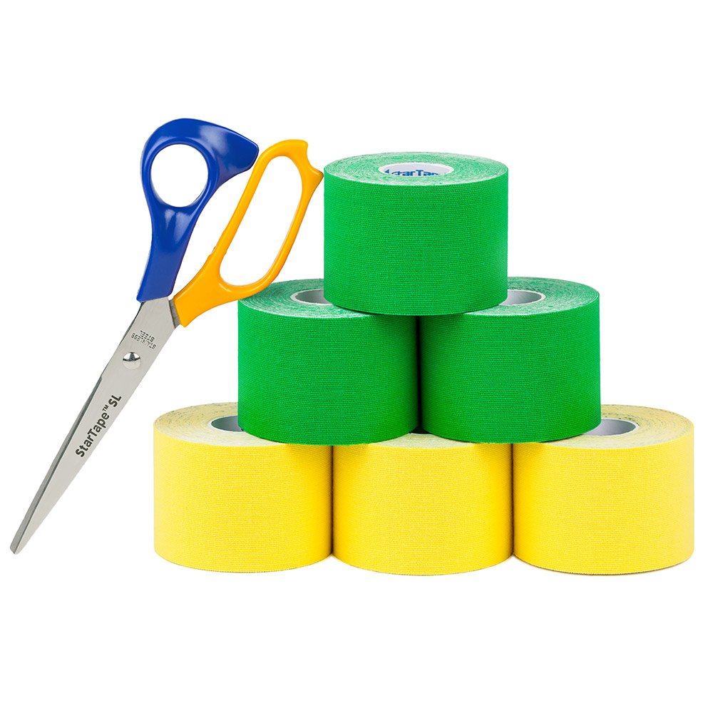SL StarTape - Nastro kinesiologico elastico, in cotone, per fisioterapia, impermeabile, delicato sulla pelle, 5 x 550 cm, verde/giallo, set da 6 + forbici