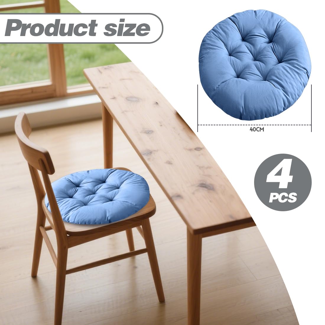 Set di 4 Cuscini Rotondi da 40 cm, Imbottiti in Cotone Perlato, per Sedia da Giardino, Ufficio, Balcone, Interni ed Esterni
