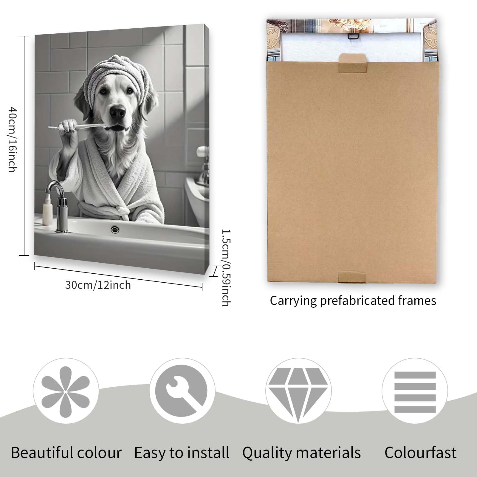 Qiukoo Bathroom Wall Art with Wooden Frame and Hanging Hooks, Funny Dog Brushing Teeth Canvas Print - Image 2