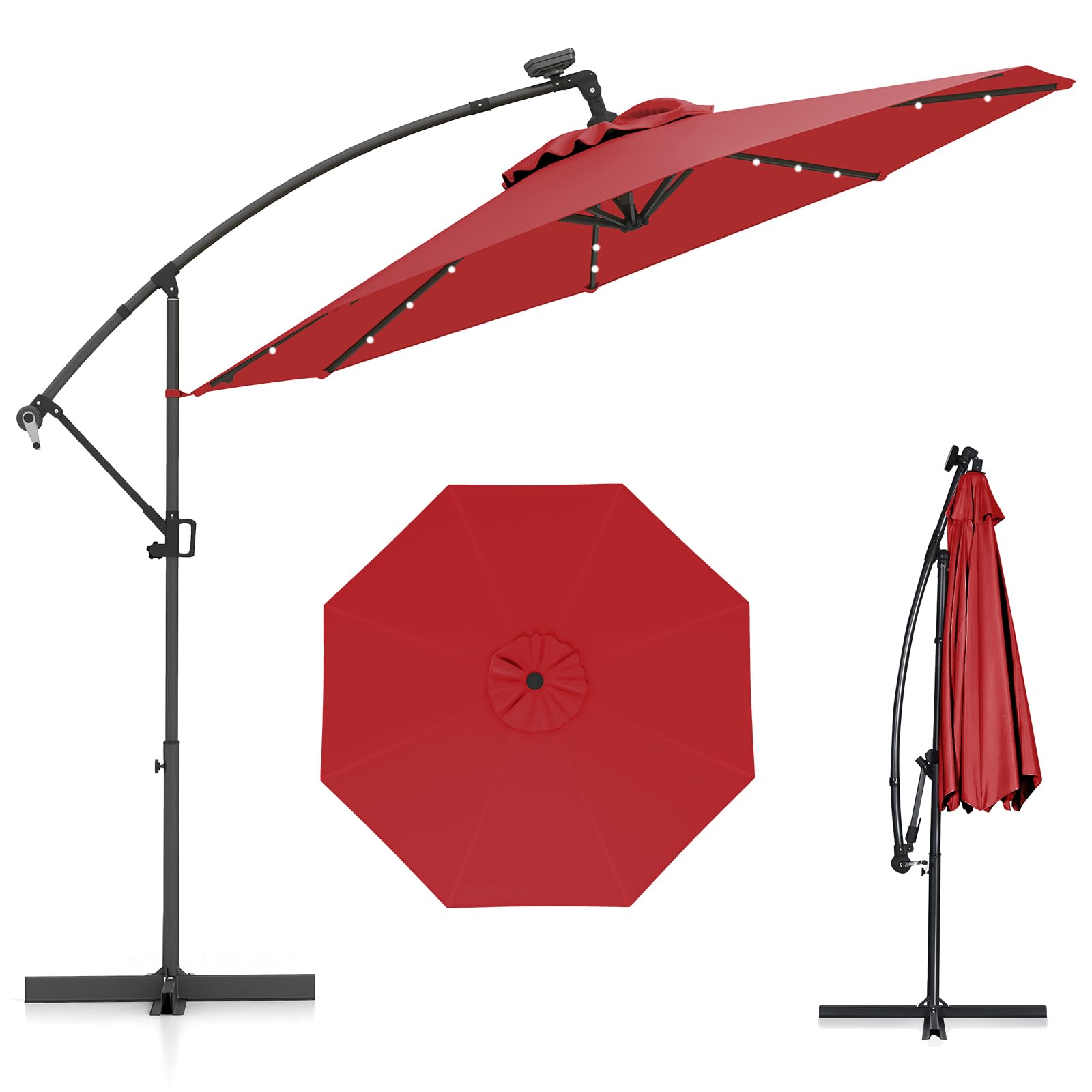 COSTWAY Sombrilla Terraza Exterior 3x3, Parasol Excentrico con 32 Luces LED Solar, Base Cruzada, Ajuste de Inclinación y Manivela, Rotación de 360°, Sombriila Jardin Terraza Balcón Patio