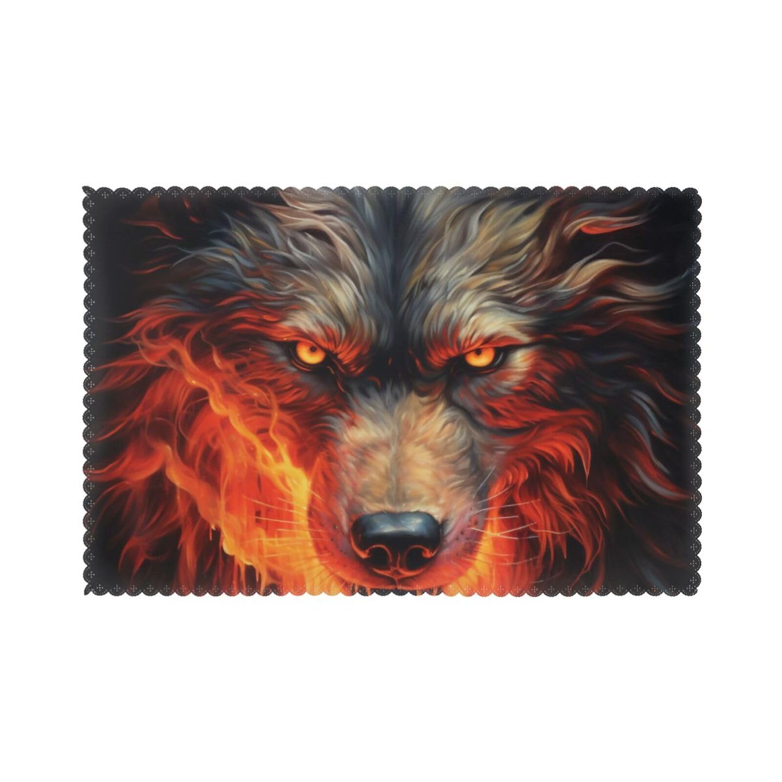 Red Wolf and Fire Placemat set of 6, oil-proof and insulated dining table placemats, washable and wipeable.