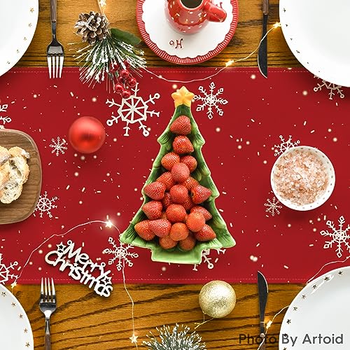 Image of Artoid Mode Red Snowman Snowflake Let it Snow Winter Table Runner, Seasonal Christmas Kitchen Dining Table Decoration for Home Party Decor 13x36 Inch