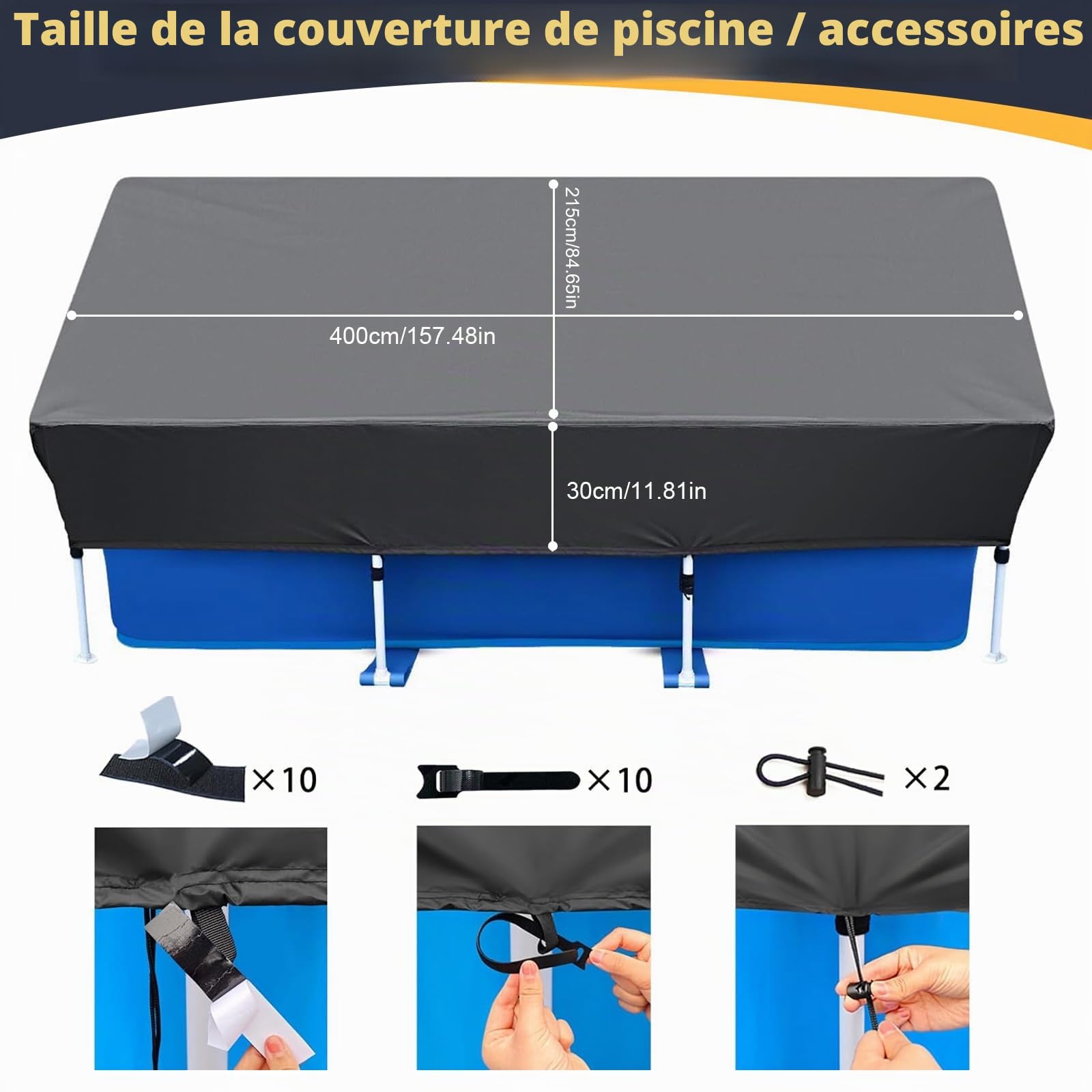 Bâche de piscine rectangulaire, avec cordons, pour piscine à cadre rectangulaire, étanche à la poussière, imperméable, protection UV, cadre de piscine, pour piscine hors sol (400 x 215 cm)