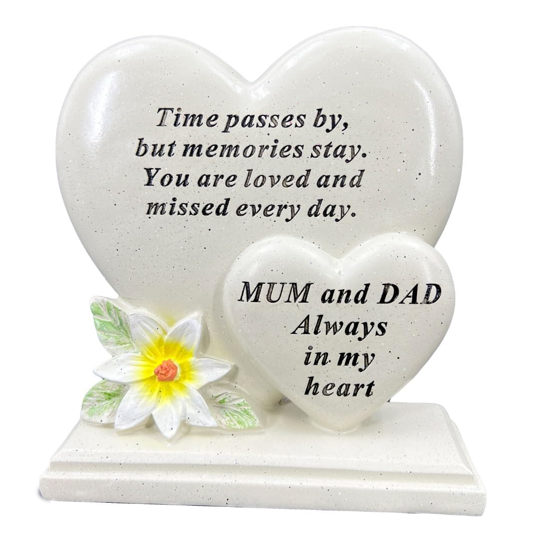 Angraves White Mum And Dad Graveside Memorial Double Heart Grave Plaque Ornament Decoration