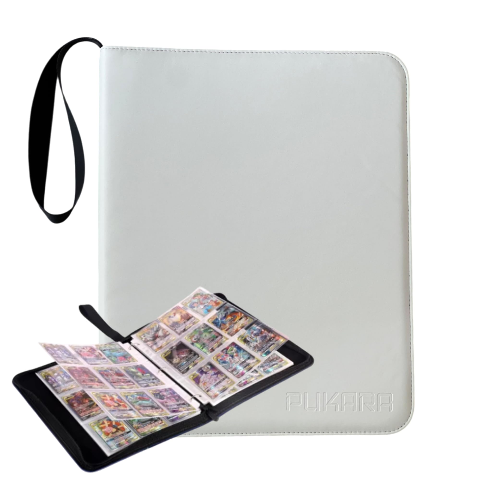 PUKARA Trading Card Binder with Zipper 900 Card Holder, Includes 50 Removable 9-Pocket Sleeves, Waterproof PU Leather, Fits Pokmon, Yu-Gi-Oh!, MTG, Sports Cards TCG Organizer Album (White)