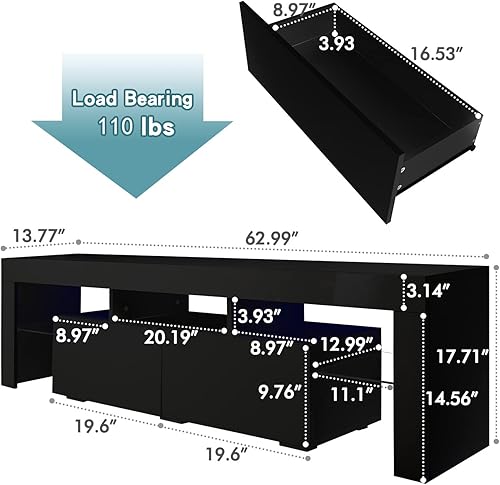 Miniatura 3 de Soporte de TV negro con 2 estantes de almacenamiento y 3 estantes abiertos, TV LED de alto brillo, centro de entretenimiento de TV, consola de TV,