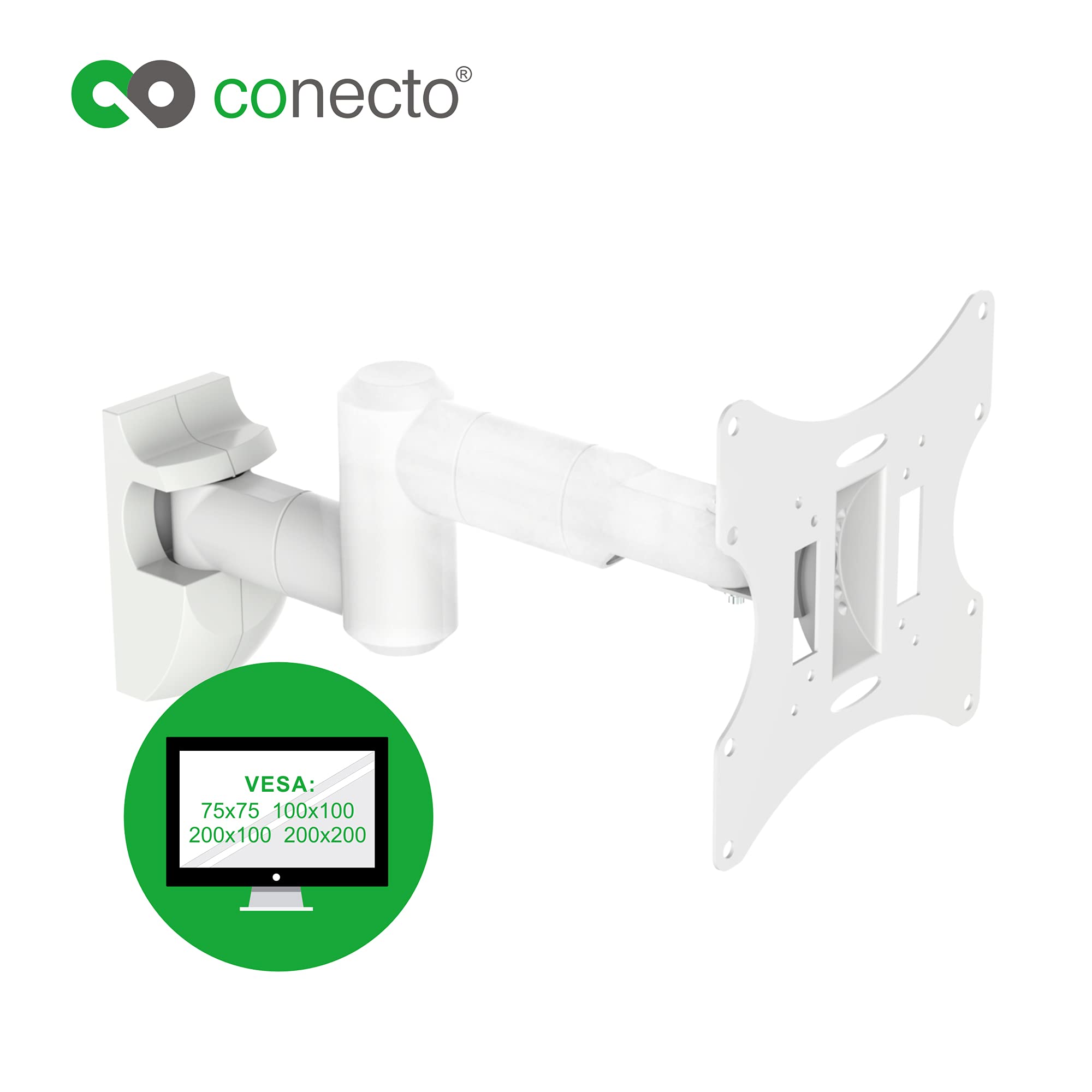 conecto supporto a parete per monitor e televisori fino a 42 pollici, girevole (+/-90°), inclinabile (+/-20°), VESA 50x50, 75x75, 100x100, 200x100, 200x200, portata massima 30,0 kg, bianco