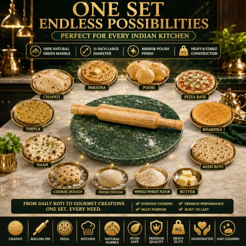 Image of Luxe Craft Green Marble Chakla Belan 11 Inch | Heavy Stone Roti Maker Board | Handmade Chapati Rolling Board for Kitchen | Premium Marble Roti Chakla for Chapati, Puri, Paratha & Baking Dough