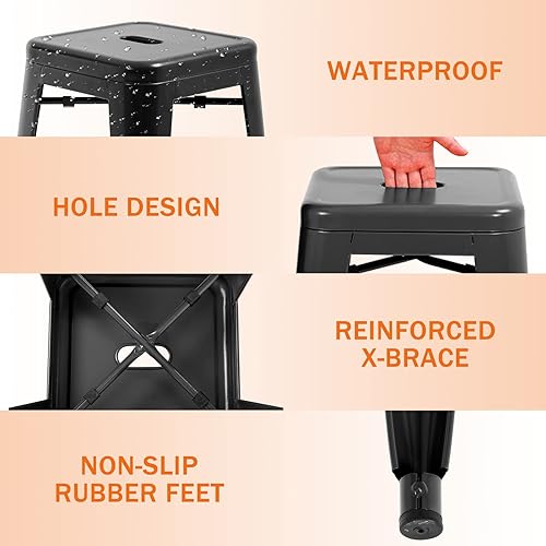 Miniatura 6 de Juego de 4 taburetes de bar de metal, apilables, altura de mostrador, 24 pulgadas, para interiores y exteriores, taburete de bar sin espalda,