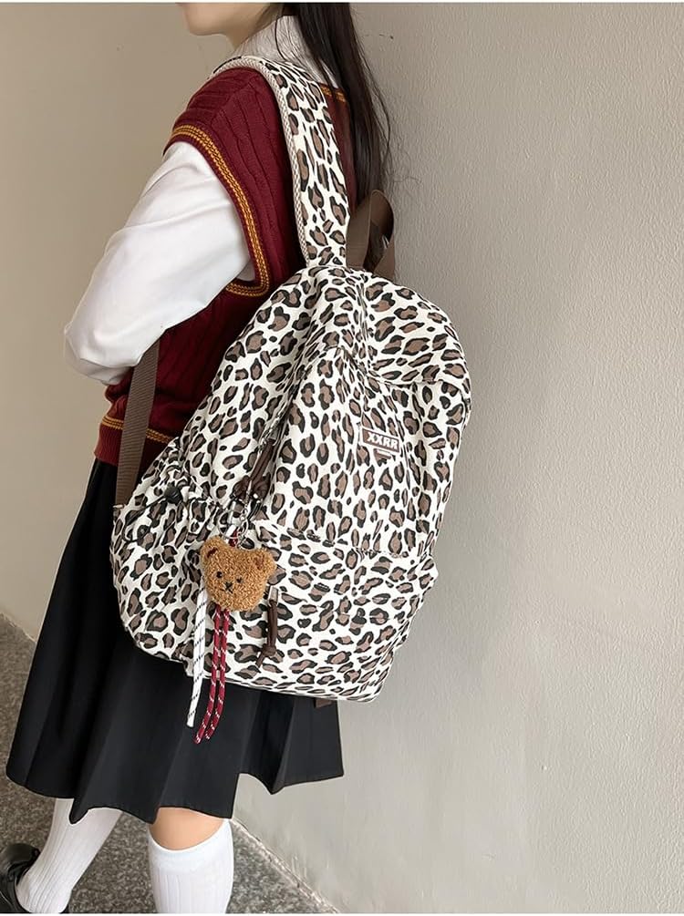 Cute Cheetah Backpack for Women Men Y2k Purse Aesthetic Leopard Print Academia Preppy Shoulder Bag Bookbag Streetwear (Beige)