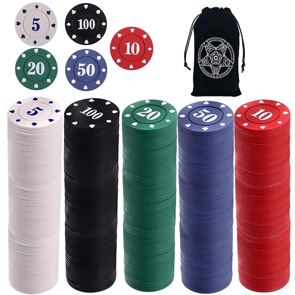IXIGER 300Pcs Poker Chips, Plastic Casino Chips Set with Black Velvet Pouch Bag, Bulk Clay Fichas de Poker for Blackjack, Math Counting Chips, Texas Hold'em, Night Poker Games