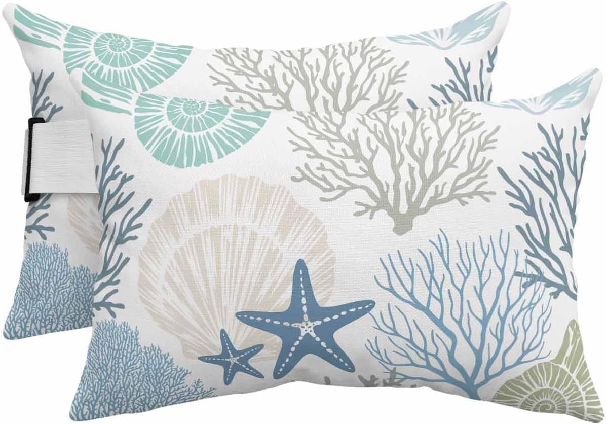 PIEPLE Coral Shell Starfish Outdoor Beach Chair Pillow Headrest, 2 Pcs, 11x16 Inches, Waterproof, Stain-Resistant, UV-Resistant, Medium Firmness, Tropical Stripe