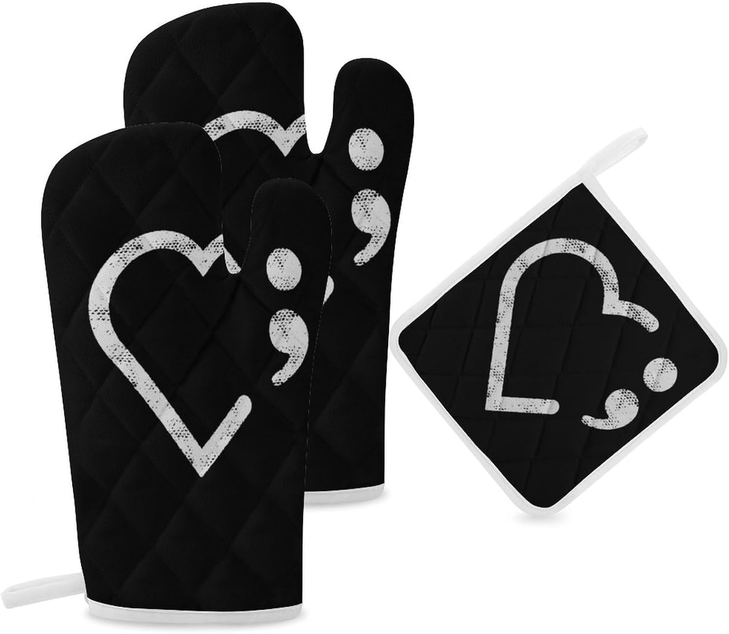 Semicolon Suicide Prevention Print Oven Mitts and Pot Holders 3 Piece Sets Heat Resistant Gloves Hot Pads Potholders for Kitchen Baking Cooking