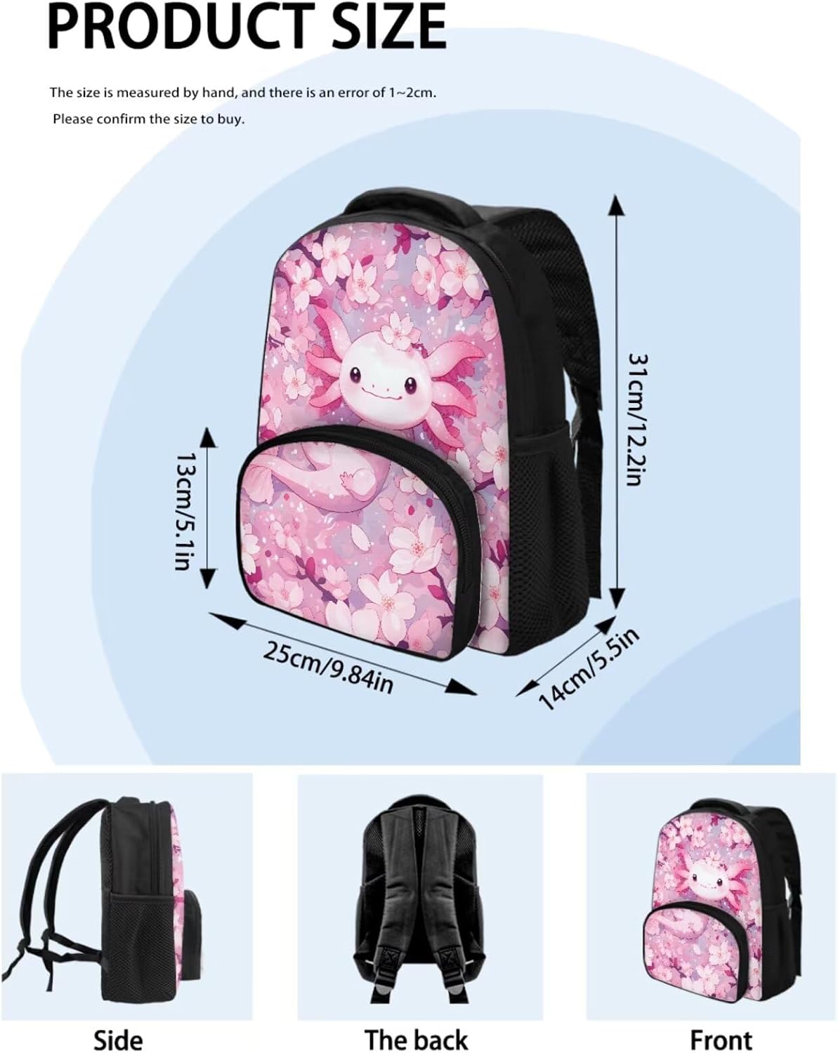 Tuoxiukan Axolotl Bookbag for Kindergarten Girls Cherry Blossom Backpack With Matching Lunch Box For Elementary School Girls Toddler Backpack with Front Compartment Daypacks Rucksack 12 Inch