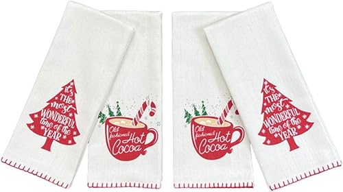 Vista 39 de Toallas de mano de cocina navideñas: ten una feliz Navidad en tejido plano y colorido estampado de flor de pascua en tejido de espiga, 100% algodón