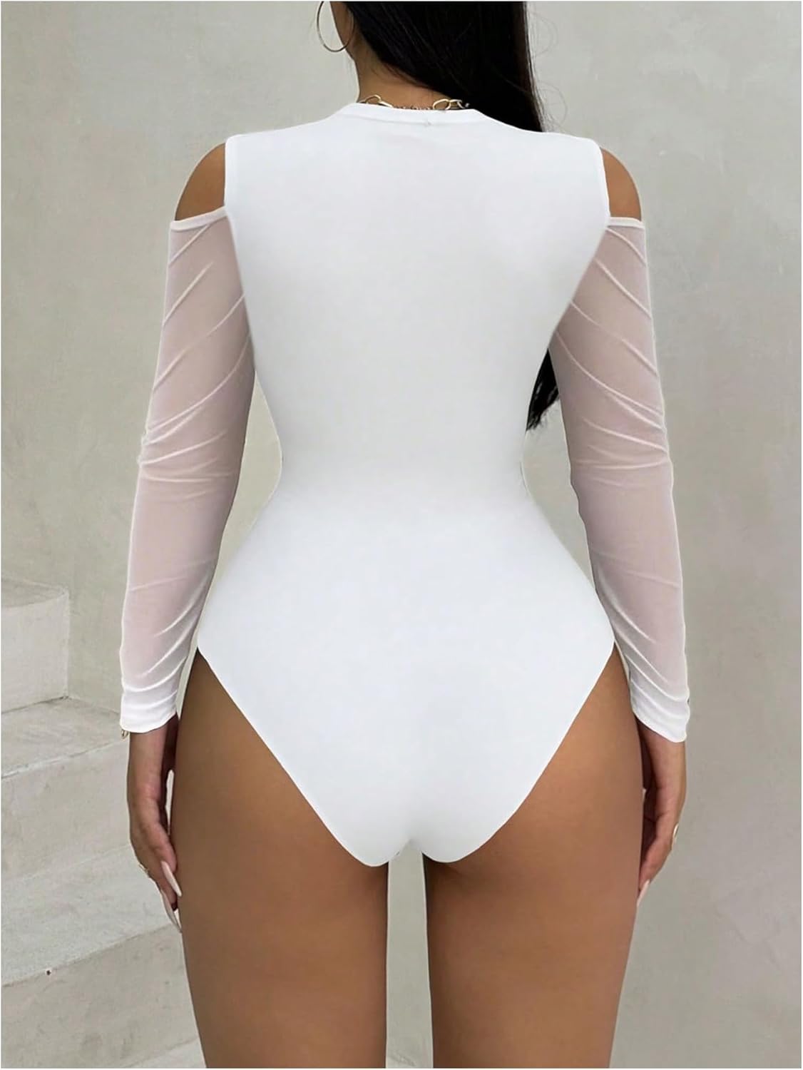 WDIRARA Women's Cold Shoulder Long Sleeve Bodysuit Sheer Mesh Jumpsuit Sexy Leotard Tops - Image 2