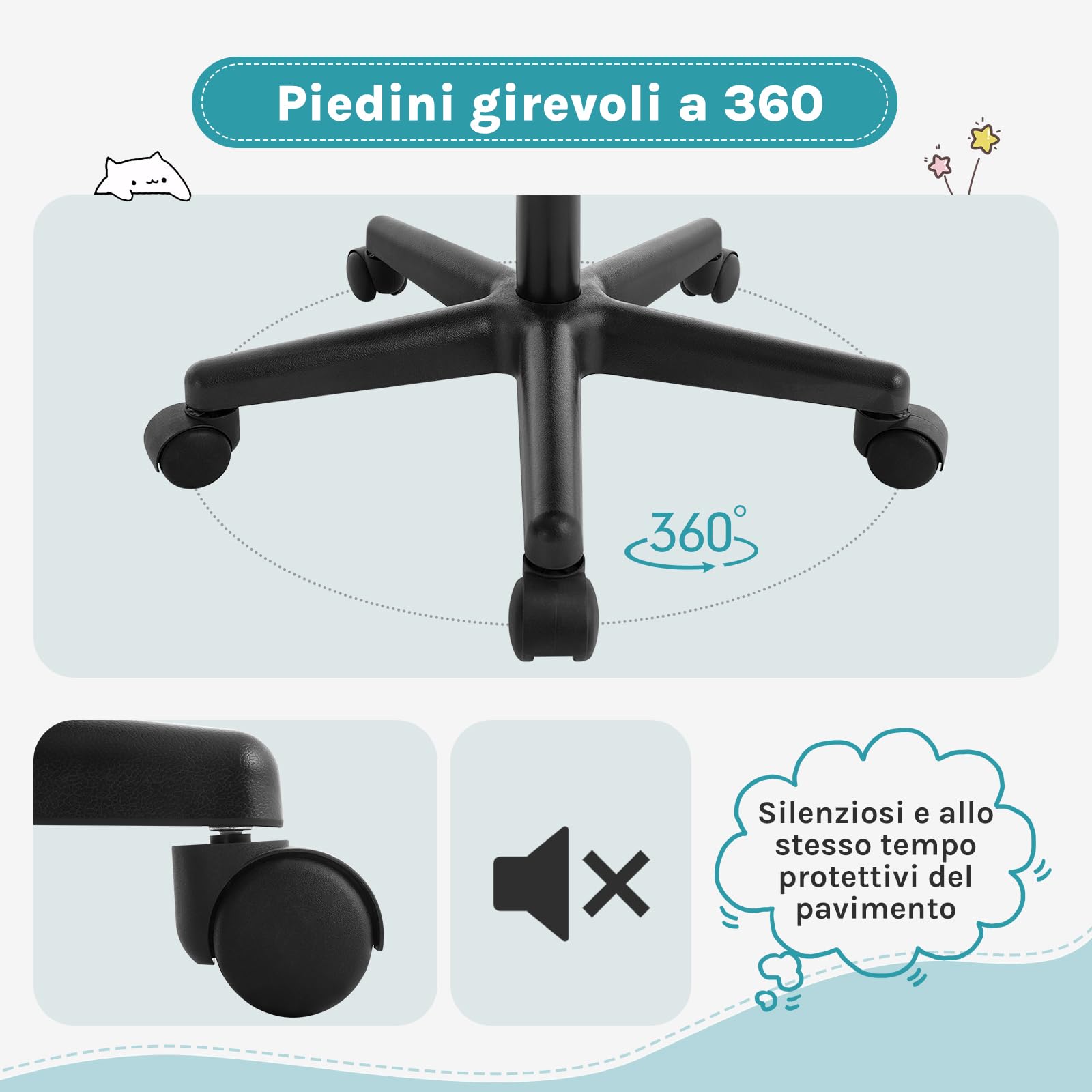 Sedia da Scrivania per Bambini, Sedia da Studio Girevole, Sedie Ergonomica con Ruote, Tessuto a Rete Traspirante, Sgabello Girevole con Schienale Regolabile Automaticamente, Turchese, K0006BS