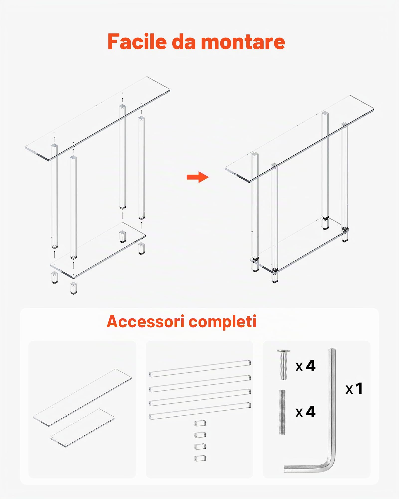 VEVOR Tavolo Consolle in Acrilico, con 2 Ripiani e Vano Portaoggetti Sottostante, Tavolino Rettangolare Moderno, Tavolo da Ingresso per Atrio, Corridoio, 19,3 x 100 x 80 cm, Trasparente