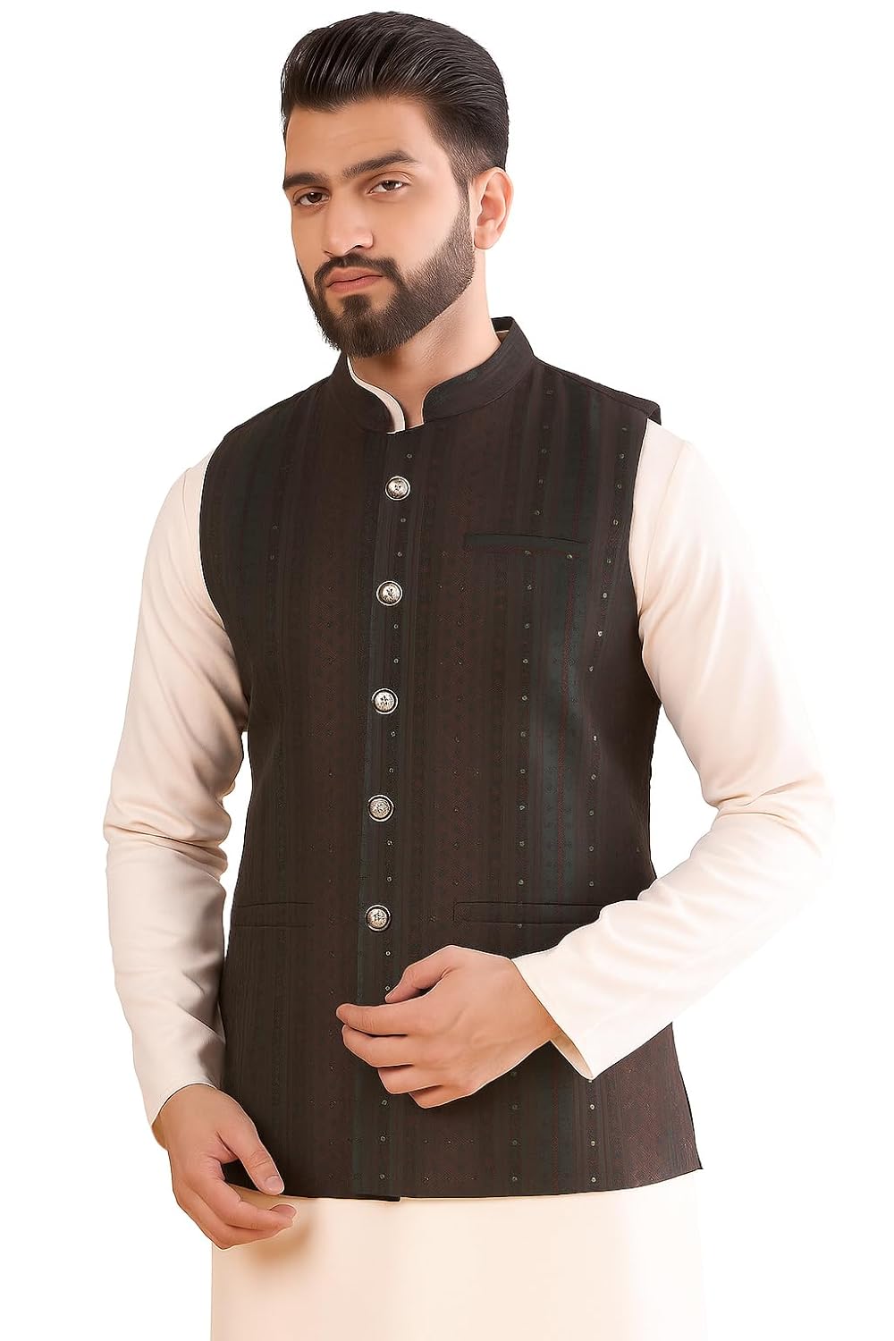 Amazon Brand – Tavasya Mens Woven Design Mandarin Collar Nehru Jackets | Sleeveless Jacket | Ethnic Wear