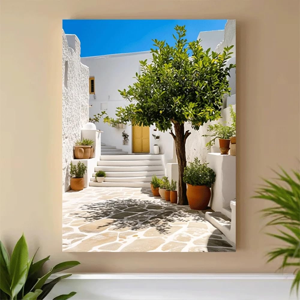 LTjiajuypd Canvas Poster Mediterranean Courtyard White Walls Green Tree Sunny Day Landscape Art Print(60x85cm)