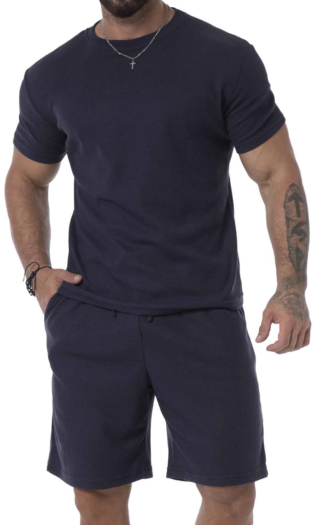 KUYIGO Sommer Herren-Shorts und Hemd 2-teilig lässiger Anzug atmungsaktiv lockeres T-Shirt