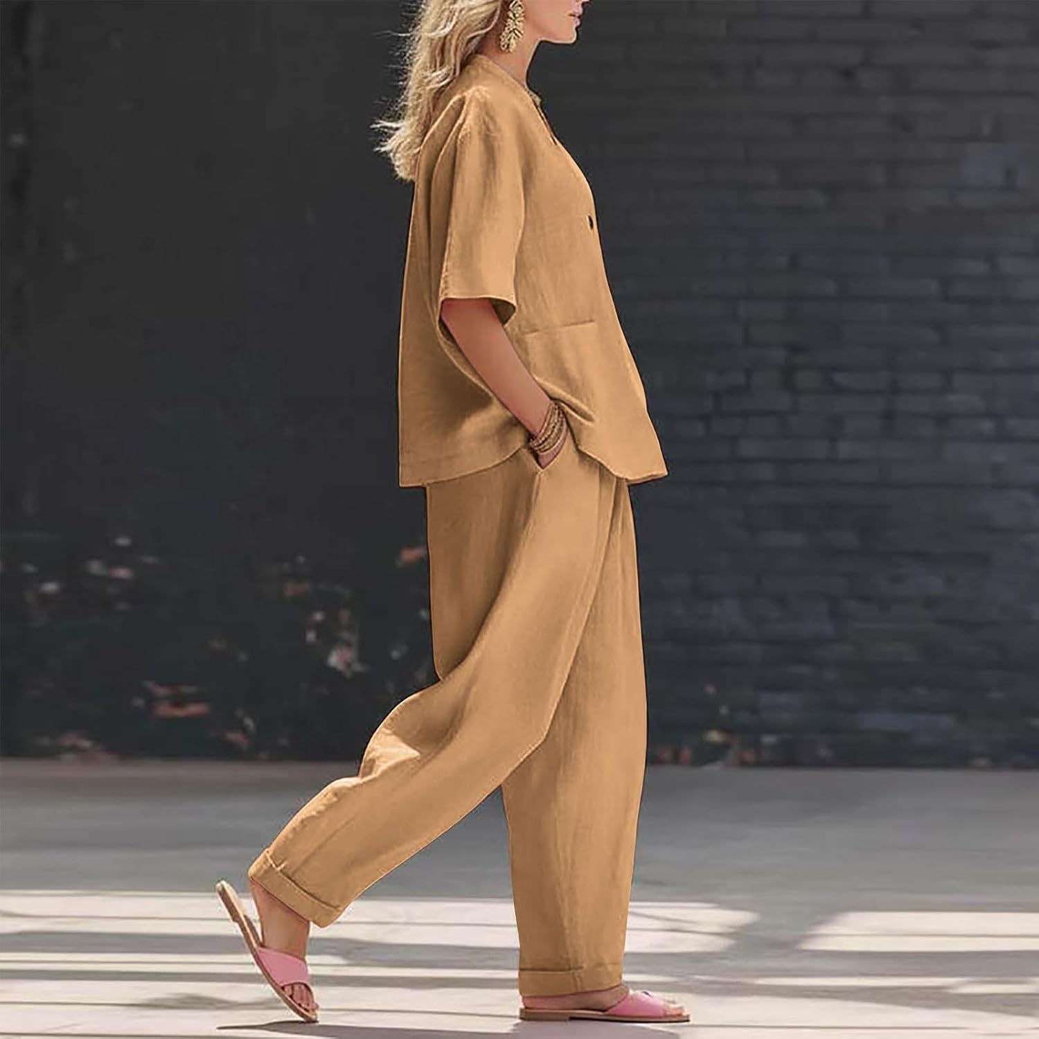 Linen Set for Women 2 Piece Button Side Irregular Shirts Matching Pants Sets 2026 Comfort Casual Airport Outfits