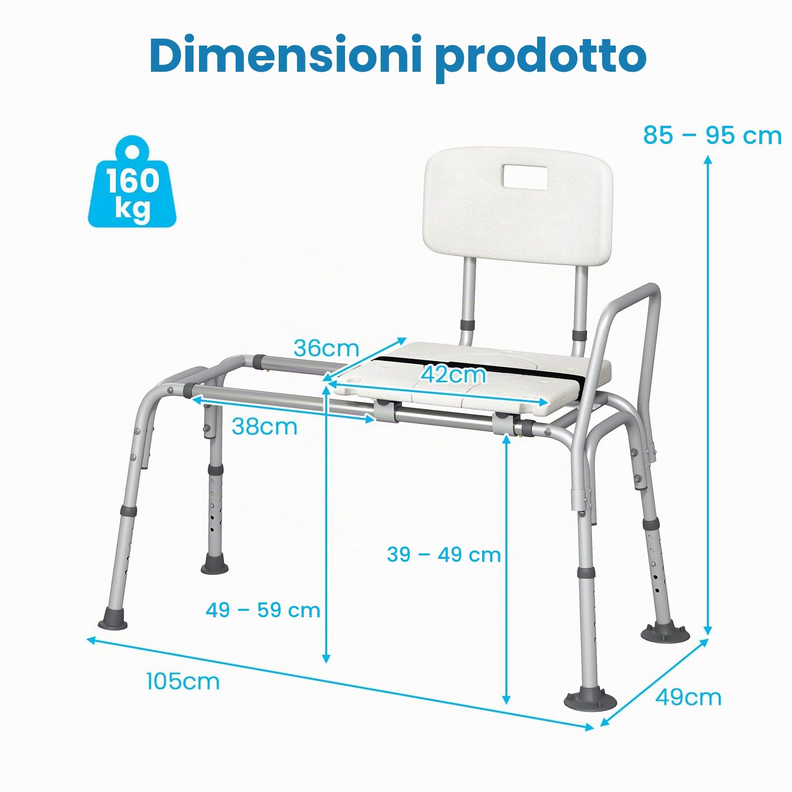 HOMASIS Sedia per Vasca da Bagno per Anziani, Sedile Vasca da Bagno Scorrevole e Regolabile in Altezza, Sedile per Doccia con Cinture di Sicurezza, Capacità di 160 kg, Seggiolino per Disabili