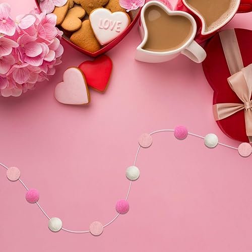 Vista 28 de Guirnalda de bola de fieltro para el día de San Valentín, guirnalda de pompones de corazón rosa y blanco para árbol del hogar, día de San Valentín