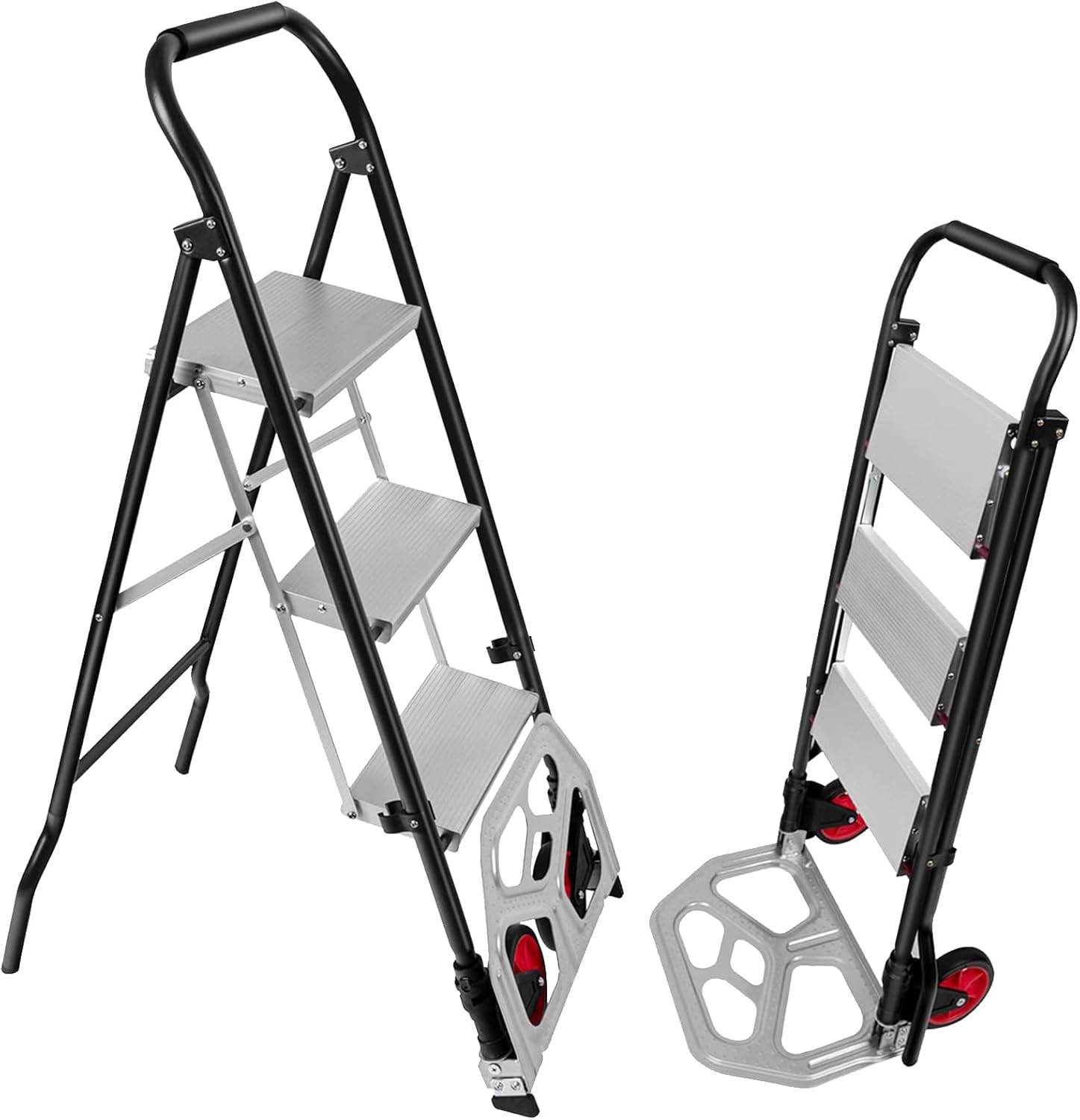 NUNET Heavy Duty 2-in-1 Hand Truck Step Ladder - 330lbs Ladder Capacity + 176lbs Cart | Foldable Multi-Functional Dolly with Non-Slip Safety Lock for Warehouse Garage Office Home