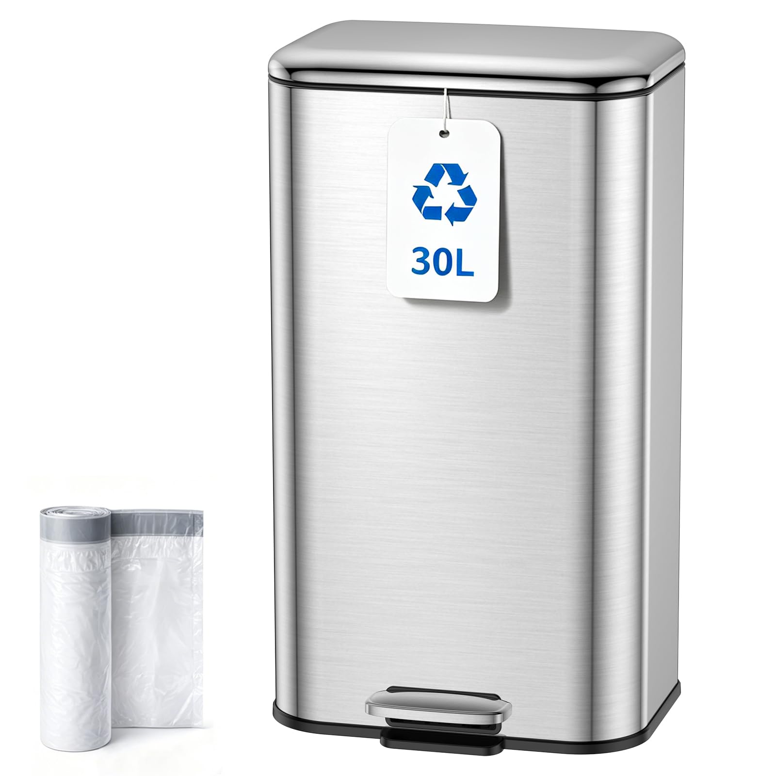 Kitchen Bin 30L, Pedal Bin, 8 Gallon Stainless Steel Soft‑Close Rubbish bin — image 1