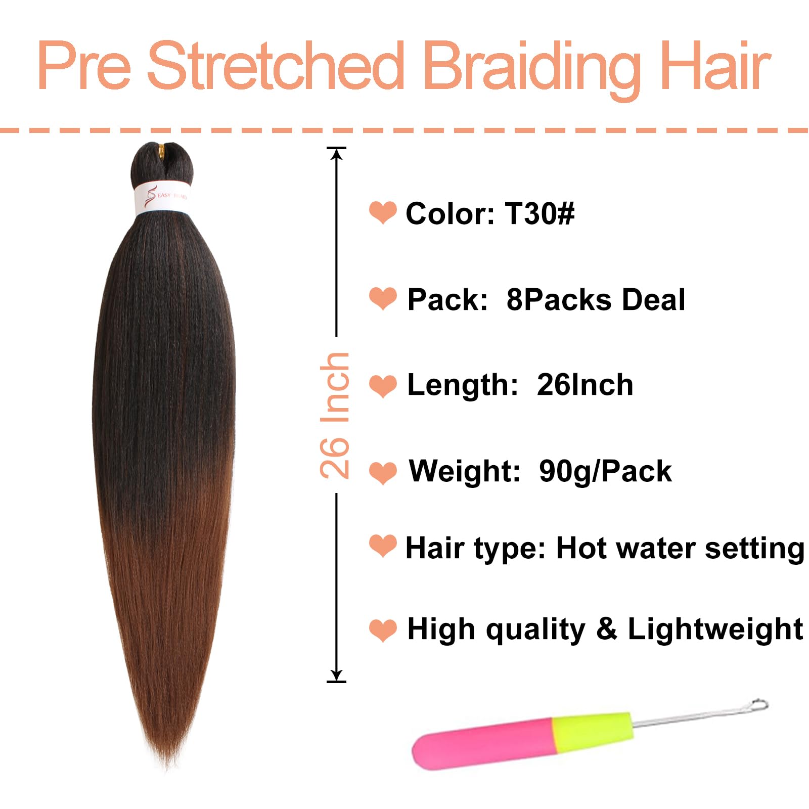 Mscat 26 Inch 8 Packs Pre Stretched Braiding Hair Ombre Brown Pre Stretched Braiding Professional Synthetic Prestretched Crochet Braids Hair Extension Hot Water Setting Yaki Texture (T30#) - Image 2