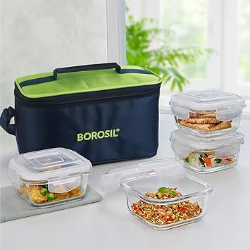 Alfa Green Borosilicate Glass Lunch Boxes Set of 4 (320 ml Each) with Lunch Bag, Lunchboxes for Office & College, Microwave Safe, Leak Proof